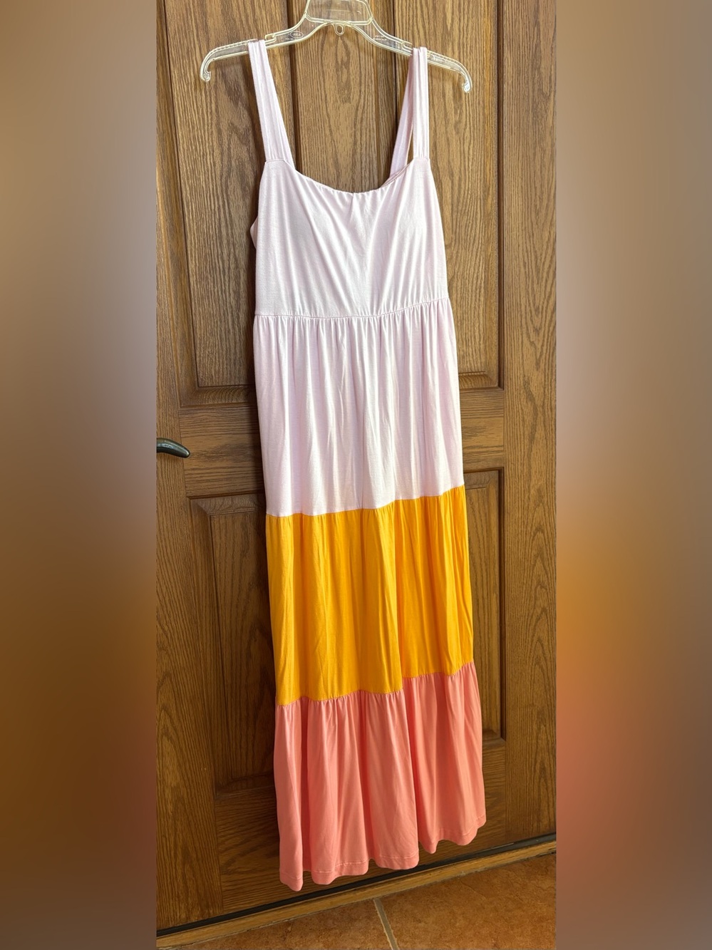 Women’s Jersey Knit Colorblock Tiered Maxi Sundress - Pink, Coral, Orange